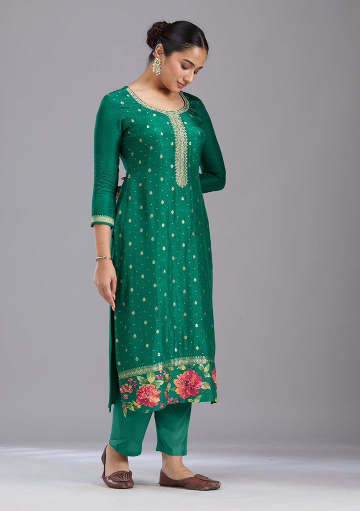 Bottle Green Sequins Soft Raw Silk Readymade Salwar Suit-koskii
