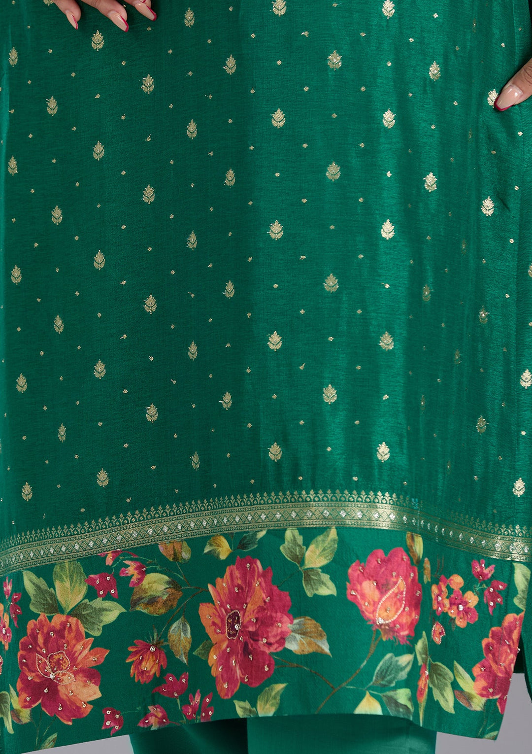 Bottle Green Sequins Soft Raw Silk Readymade Salwar Suit