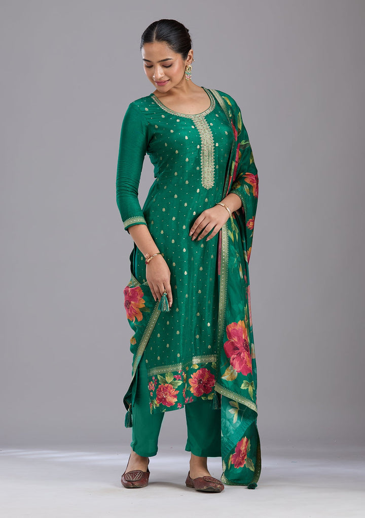 Bottle Green Sequins Soft Raw Silk Readymade Salwar Suit-koskii