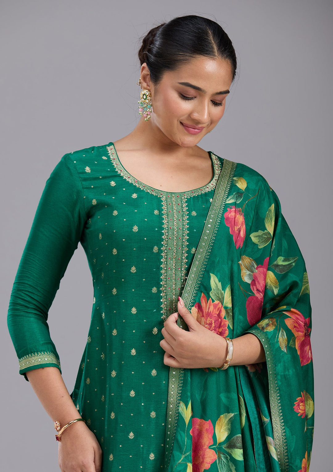 Bottle Green Sequins Soft Raw Silk Readymade Salwar Suit-koskii
