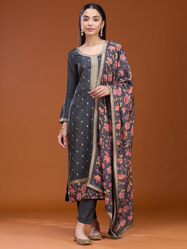 Dark Grey Stonework (Gold) Soft Raw Silk Readymade Salwar Suit
