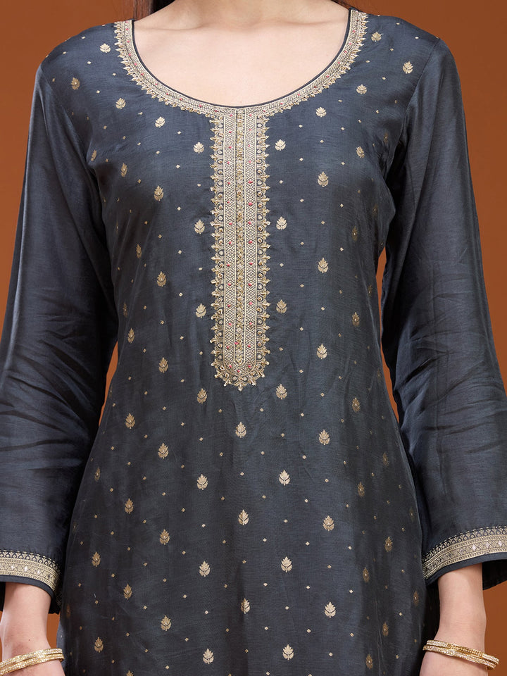 Dark Grey Stonework (Gold) Soft Raw Silk Readymade Salwar Suit