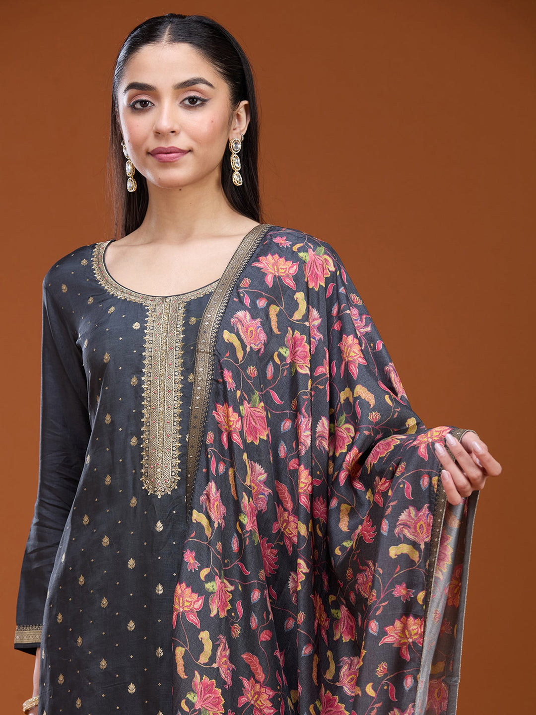 Dark Grey Stonework (Gold) Soft Raw Silk Readymade Salwar Suit