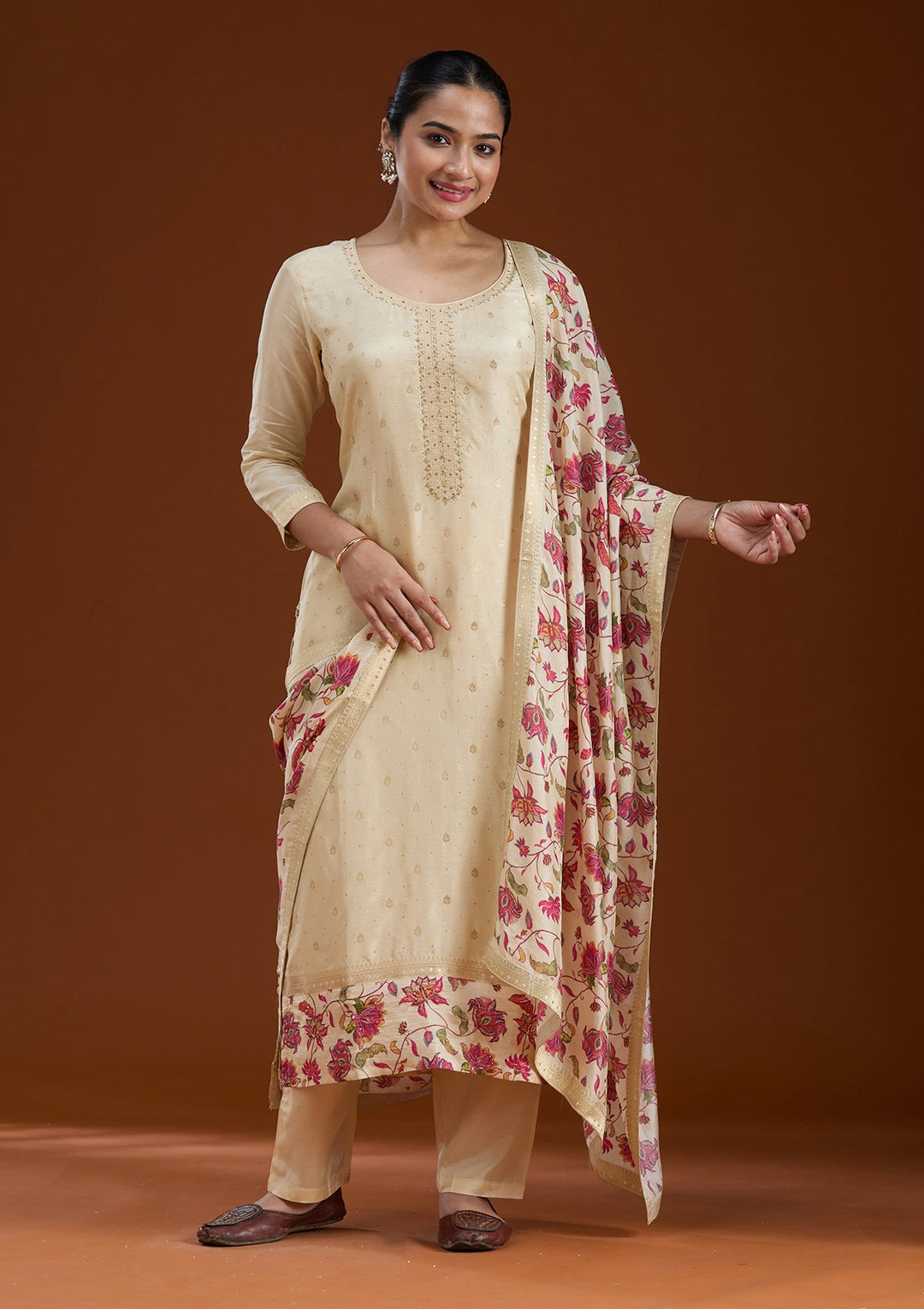 Beige Sequins Soft Raw Silk Readymade Salwar Suit-koskii