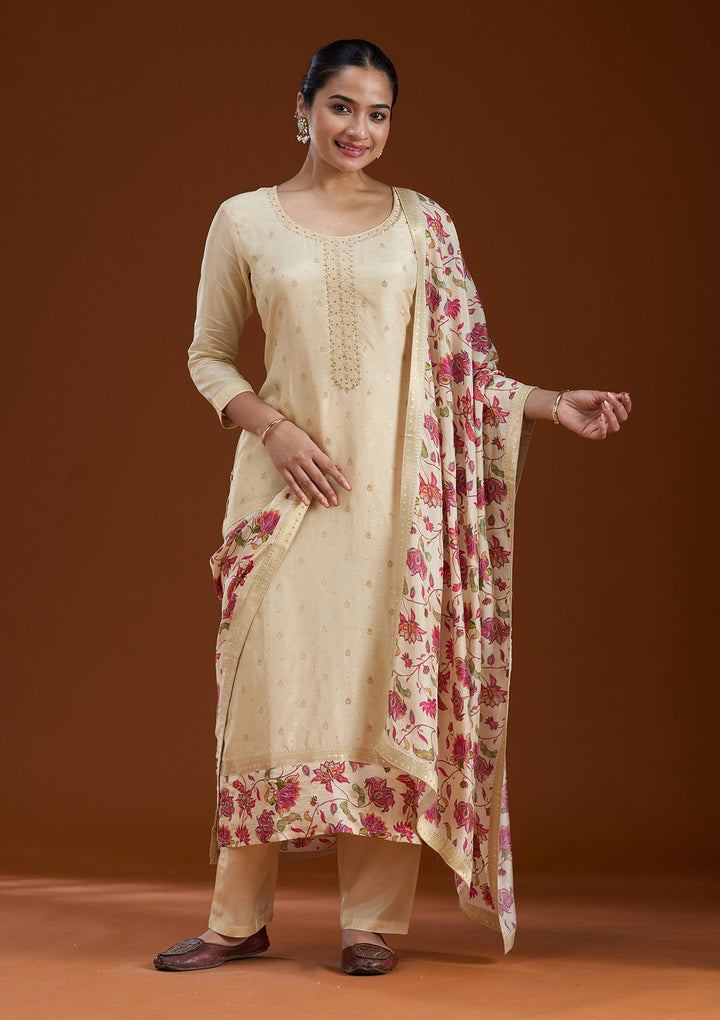 Beige Sequins Soft Raw Silk Readymade Salwar Suit-koskii