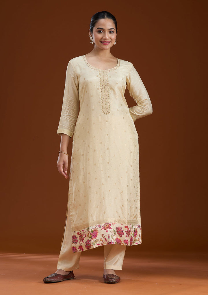 Beige Sequins Soft Raw Silk Readymade Salwar Suit-koskii