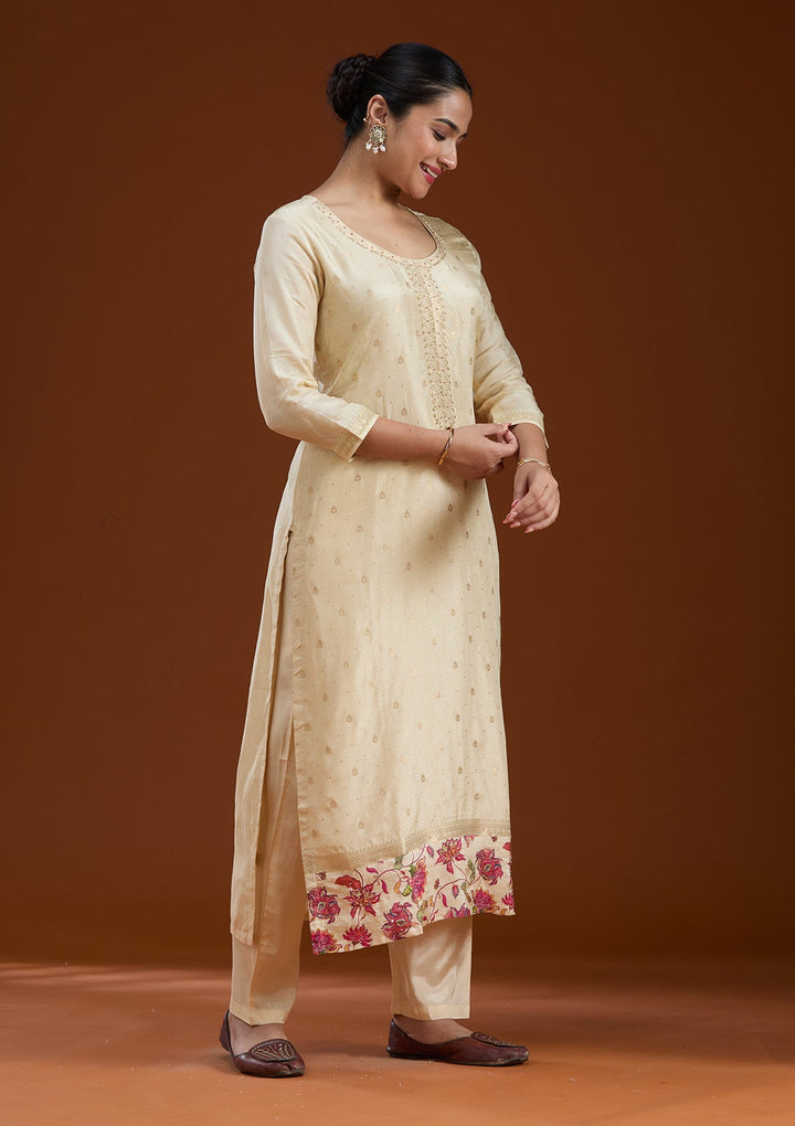 Beige Sequins Soft Raw Silk Readymade Salwar Suit-koskii