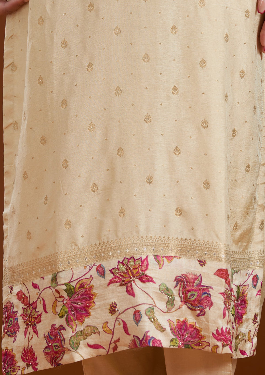 Beige Sequins Soft Raw Silk Readymade Salwar Suit