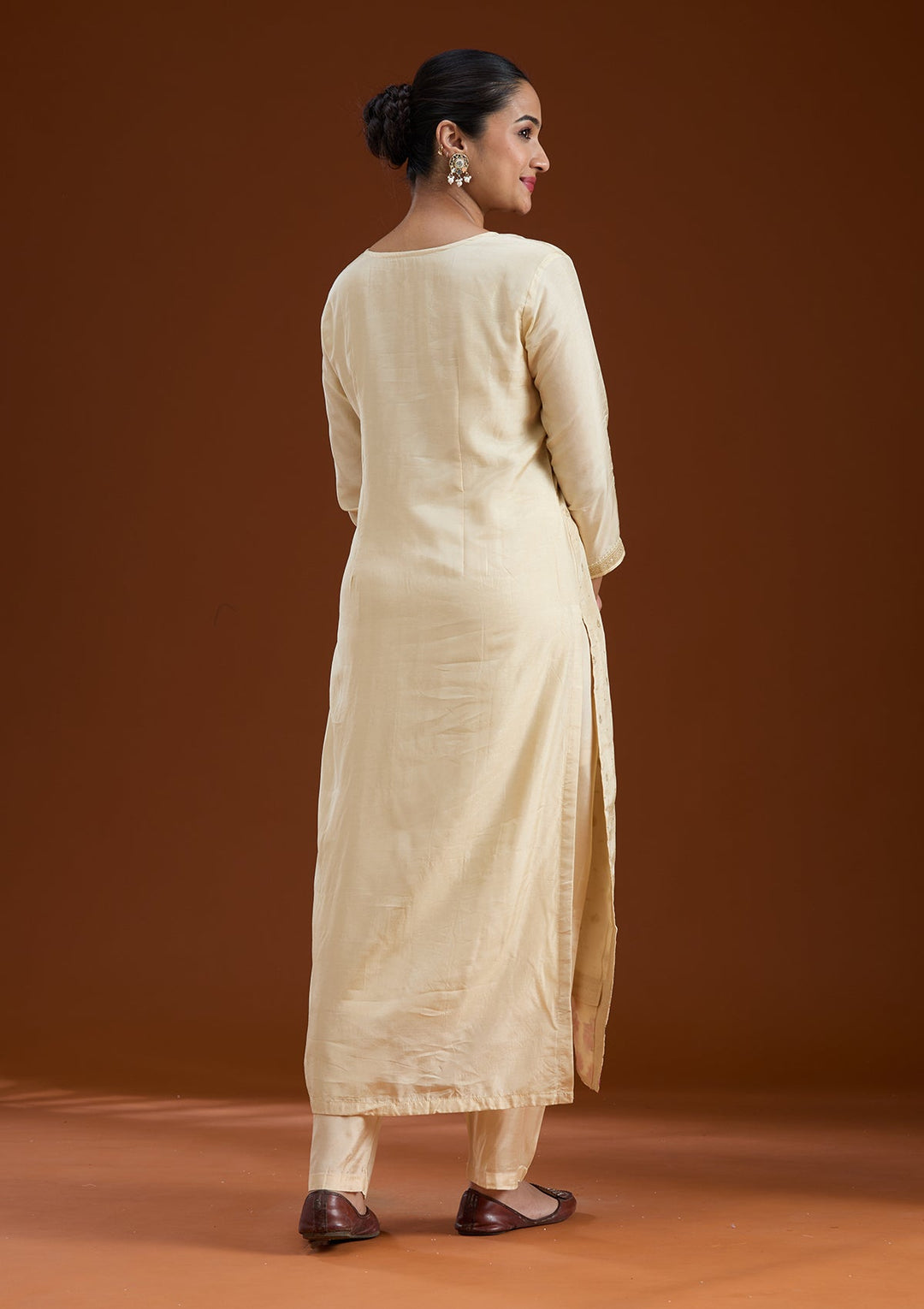 Beige Sequins Soft Raw Silk Readymade Salwar Suit-koskii