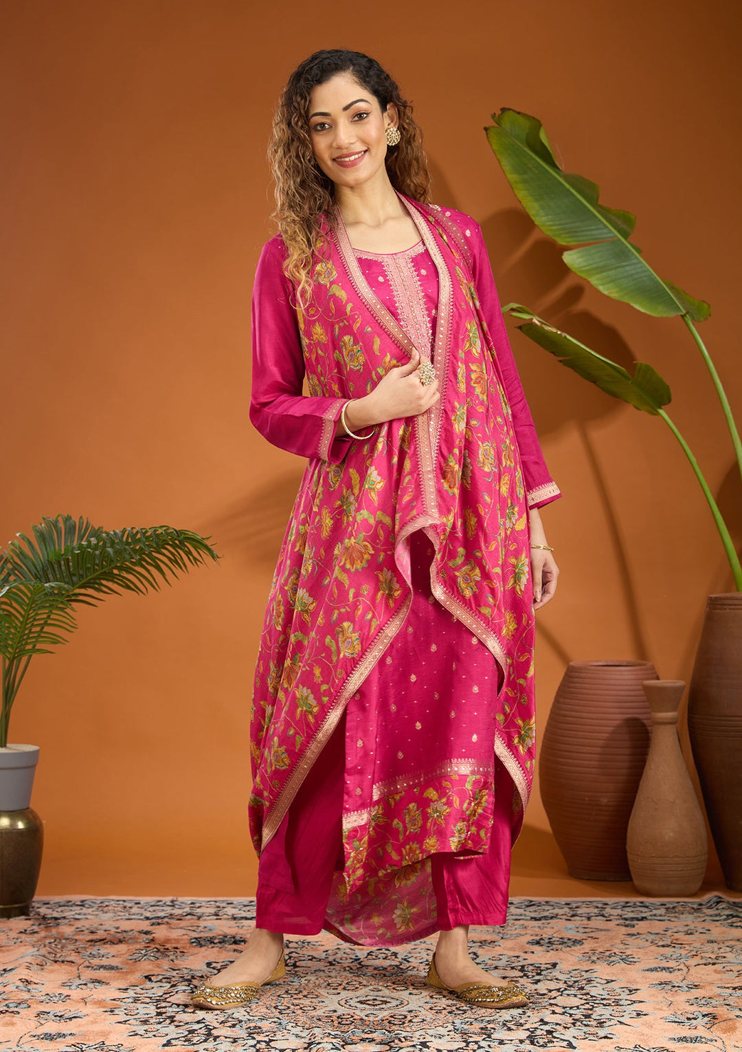 Magenta Pink Threadwork Soft Raw Silk Readymade Salwar Suit