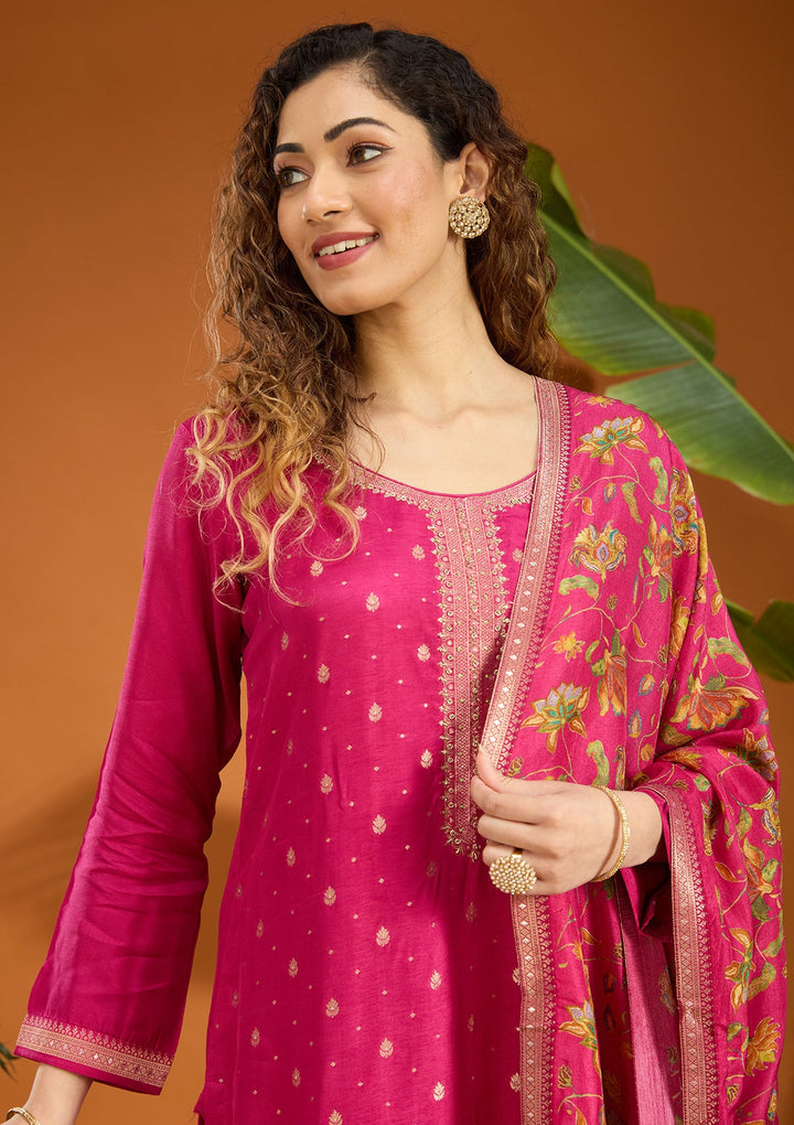 Magenta Pink Threadwork Soft Raw Silk Readymade Salwar Suit