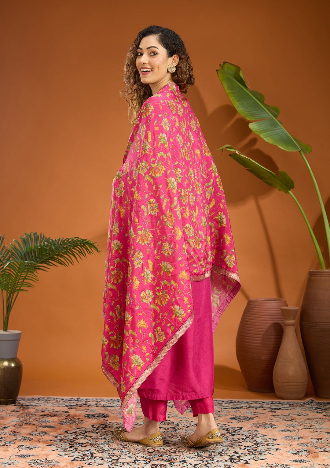 Magenta Pink Threadwork Soft Raw Silk Readymade Salwar Suit