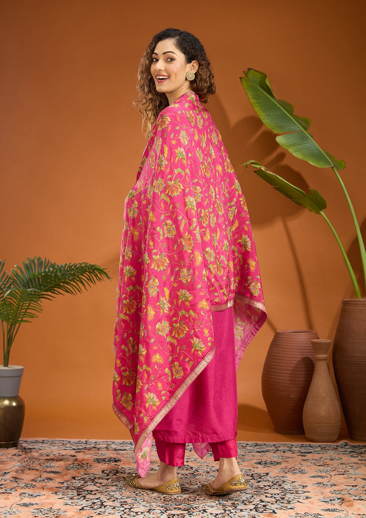 Magenta Pink Threadwork Soft Raw Silk Readymade Salwar Suit