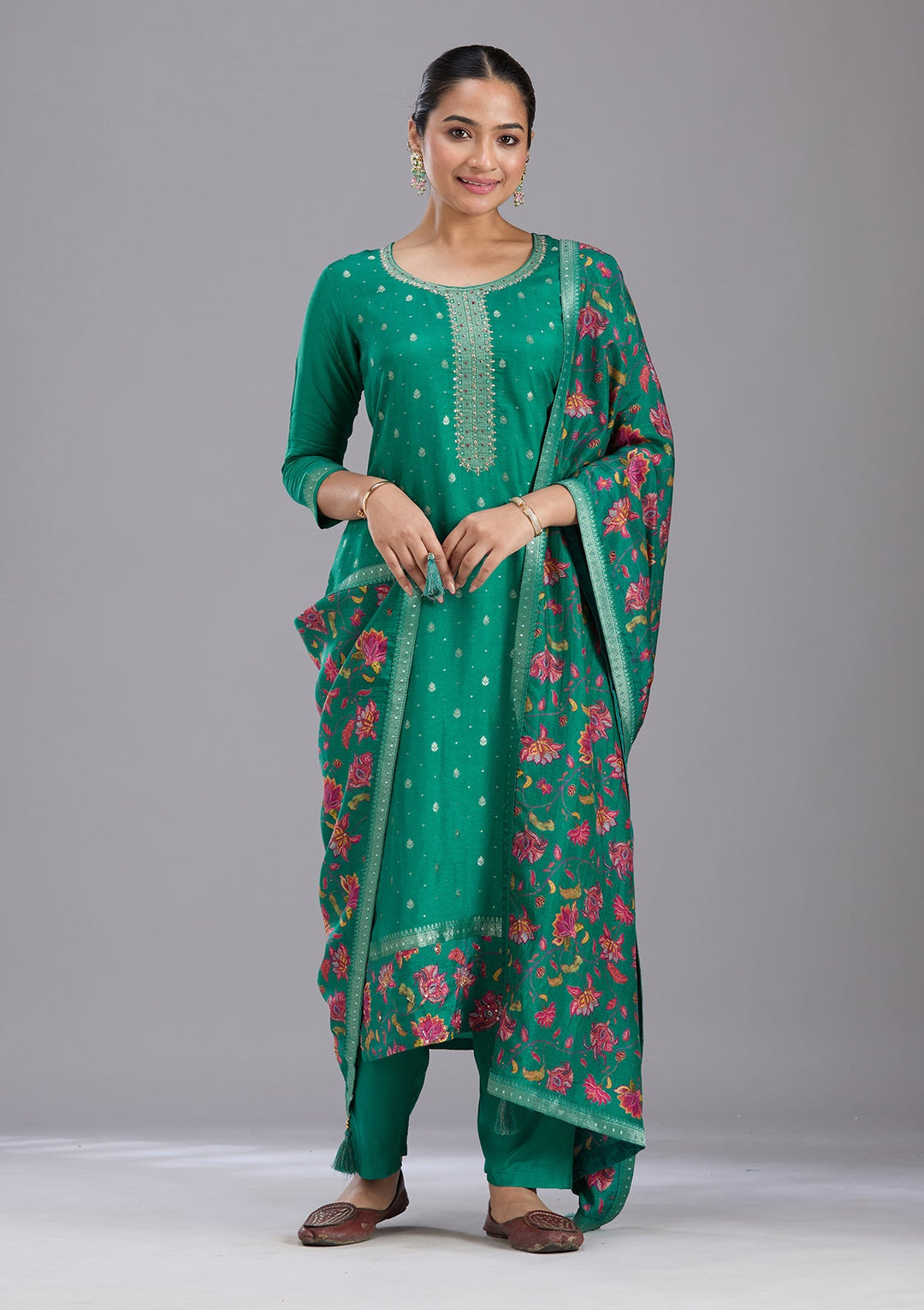 Rama Green Sequins Soft Raw Silk Readymade Salwar Suit-koskii