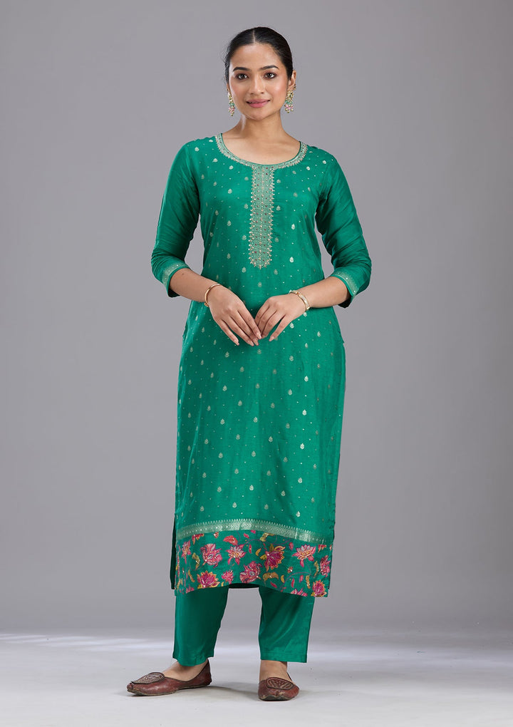Rama Green Sequins Soft Raw Silk Readymade Salwar Suit-koskii
