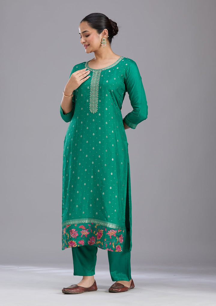 Rama Green Sequins Soft Raw Silk Readymade Salwar Suit