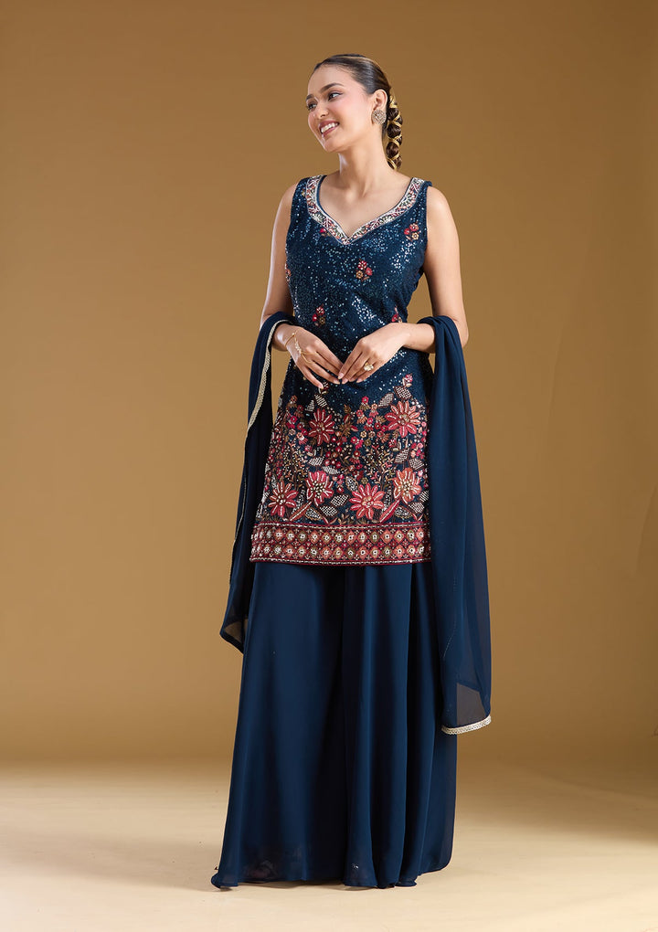 Navy Blue Threadwork Georgette Readymade Salwar Suit