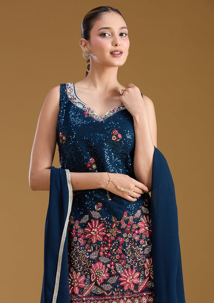 Navy Blue Threadwork Georgette Readymade Salwar Suit