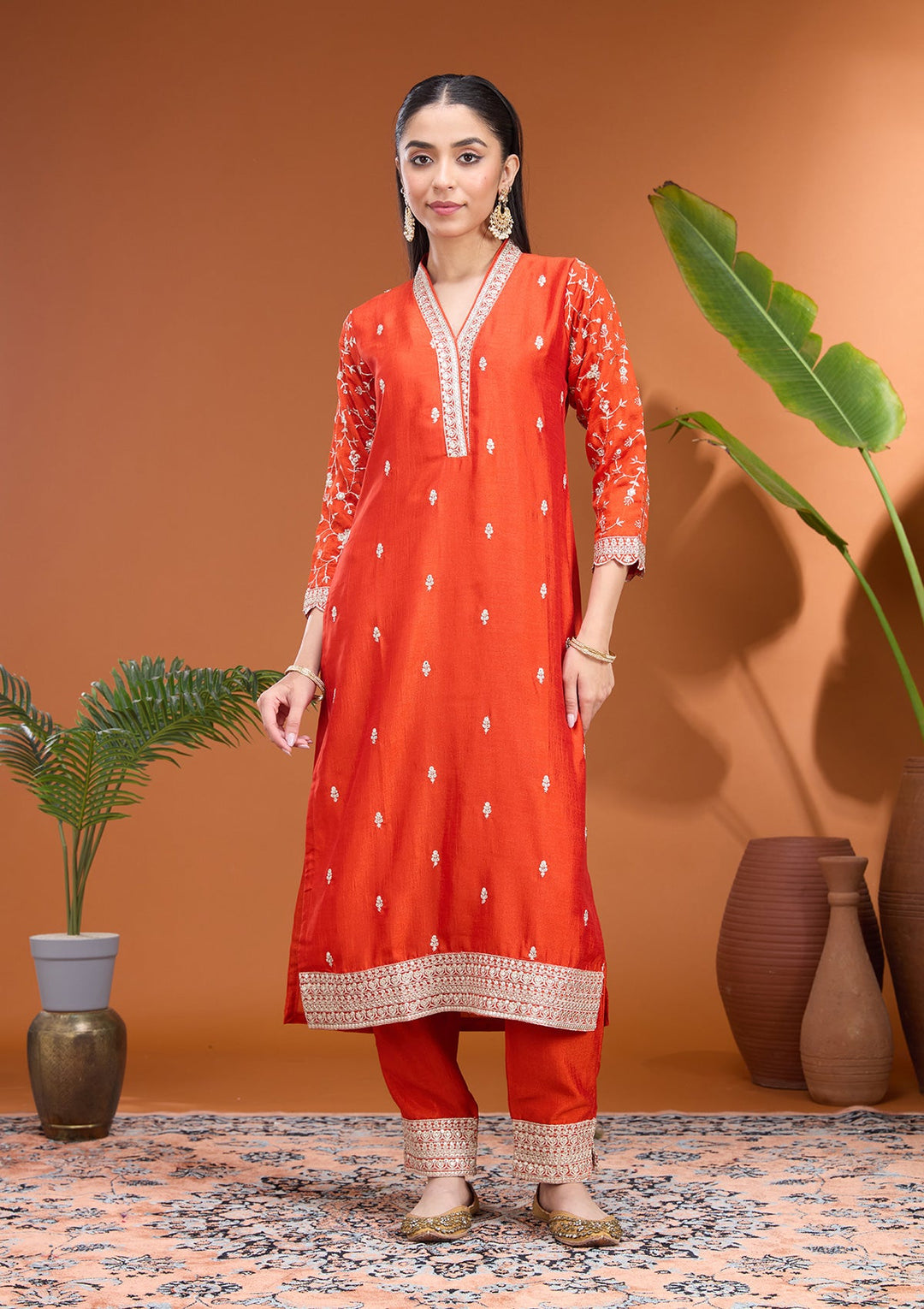 Rust Zariwork (Gold) Soft Raw Silk Readymade Salwar Suit