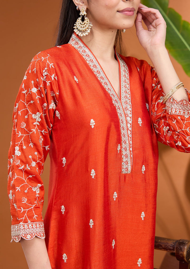 Rust Zariwork (Gold) Soft Raw Silk Readymade Salwar Suit