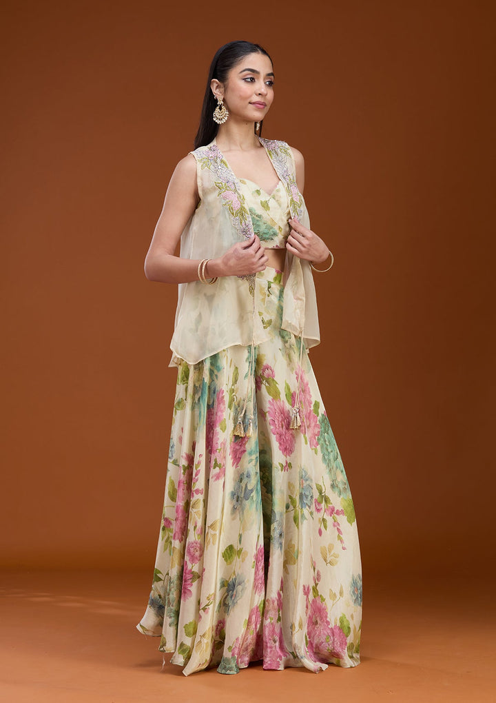 Off White Printed Crepe Readymade Salwar Suit