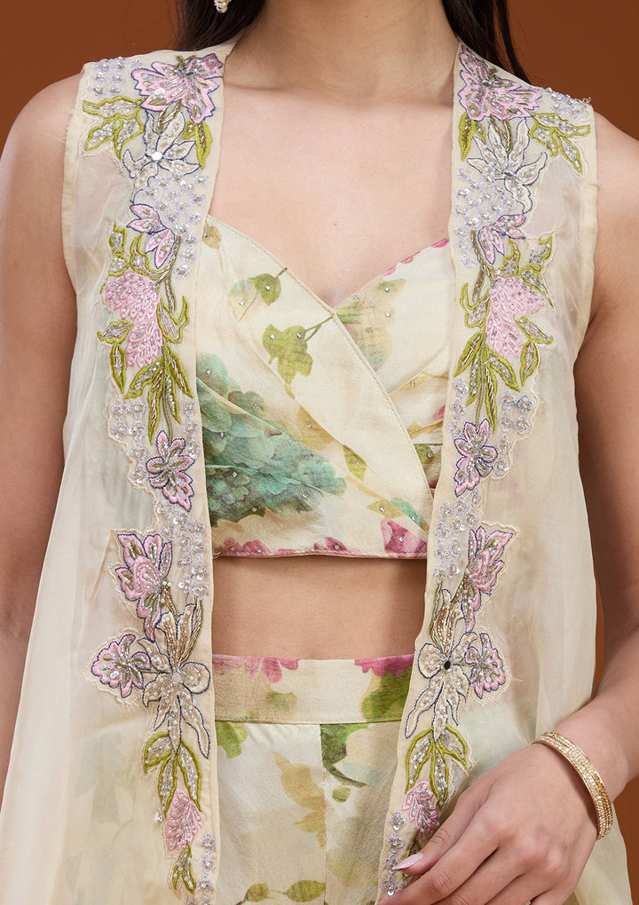 Off White Printed Crepe Readymade Salwar Suit