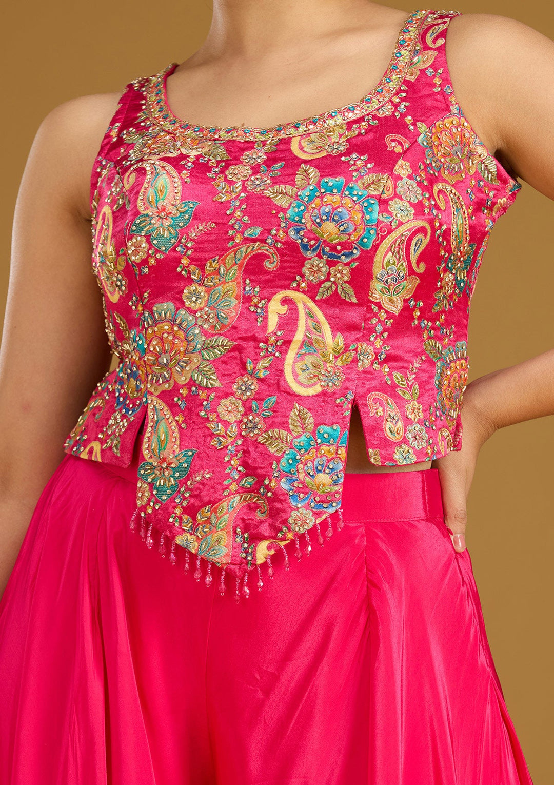 Rani Pink Zariwork (Gold) Chinon Readymade Salwar Suit