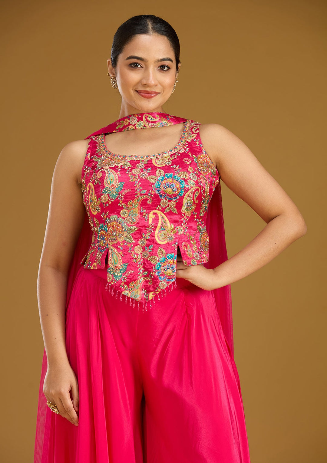 Rani Pink Zariwork (Gold) Chinon Readymade Salwar Suit