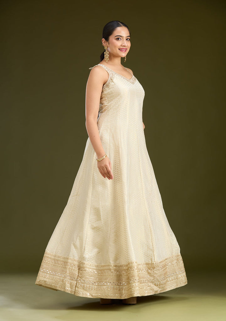 Beige Zariwork (Gold) Crepe Readymade Salwar Suit