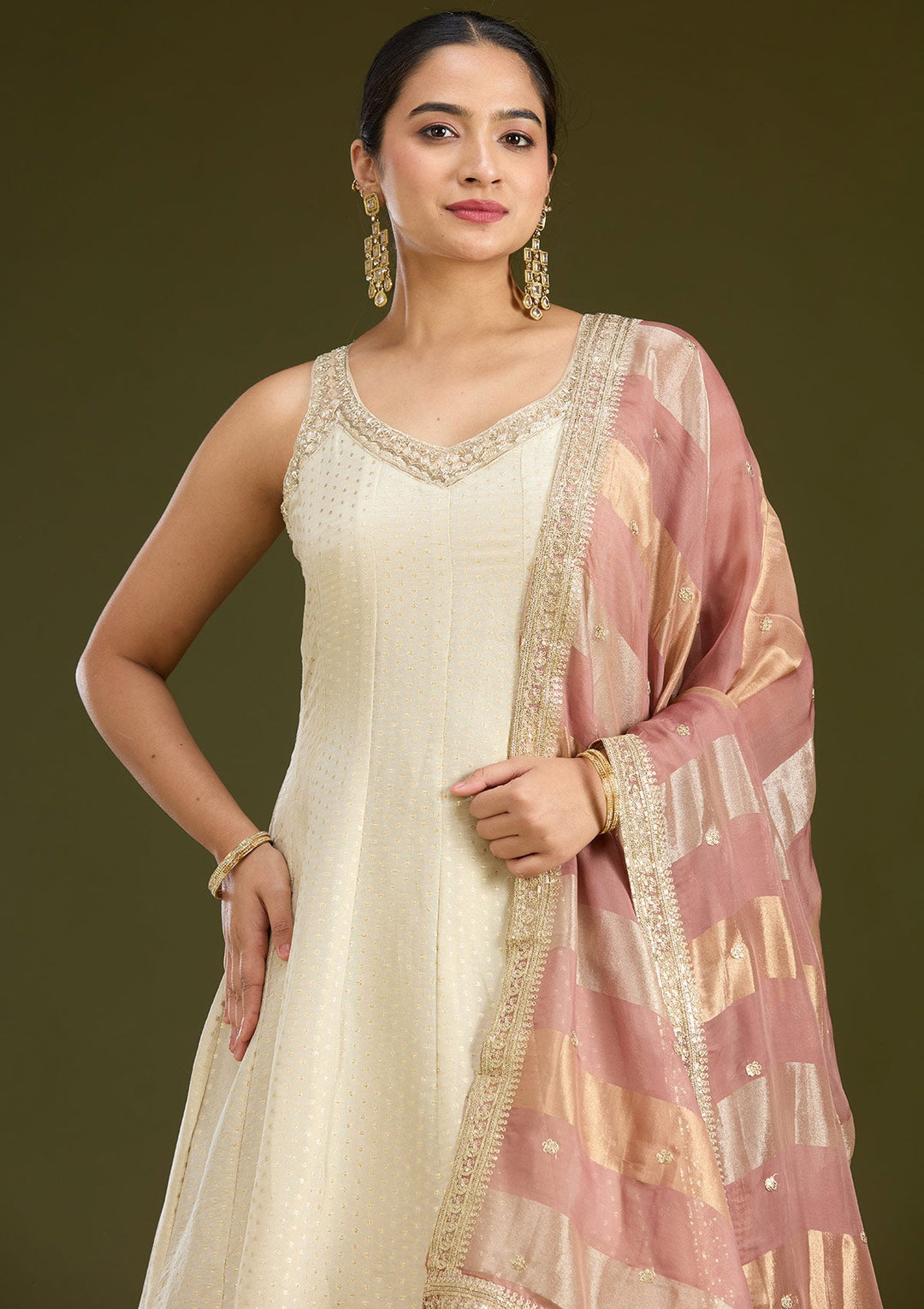 Beige Zariwork (Gold) Crepe Readymade Salwar Suit