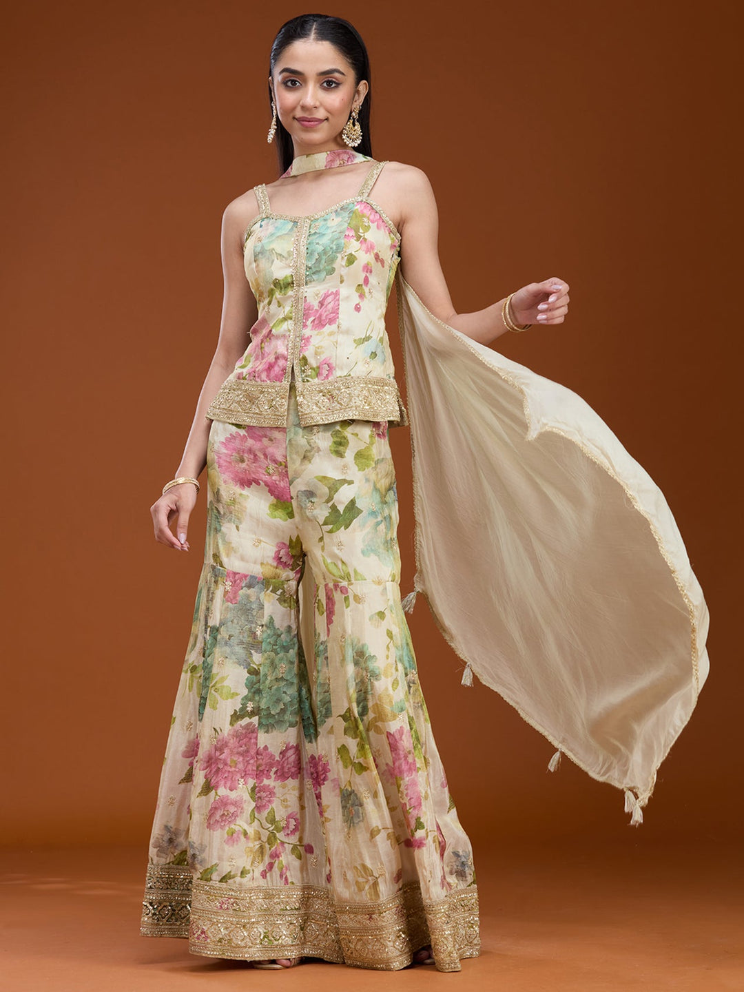 Off White Printed Crepe Readymade Salwar Suit