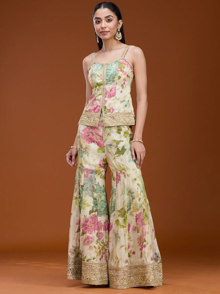 Off White Printed Crepe Readymade Salwar Suit