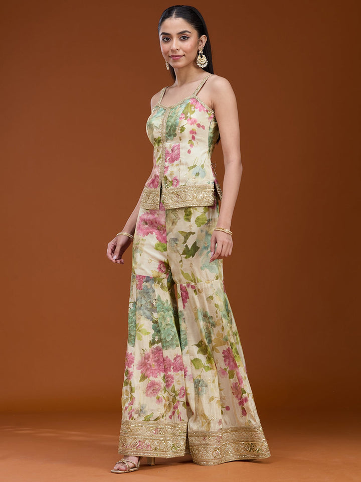 Off White Printed Crepe Readymade Salwar Suit