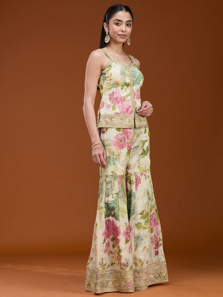 Off White Printed Crepe Readymade Salwar Suit