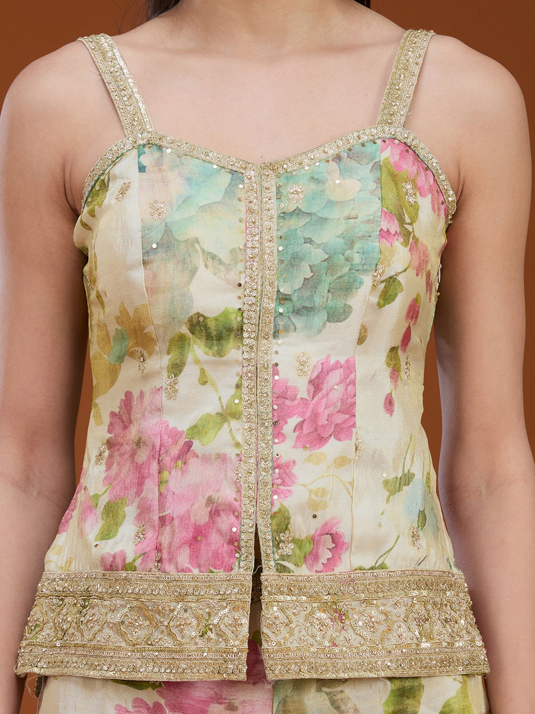 Off White Printed Crepe Readymade Salwar Suit