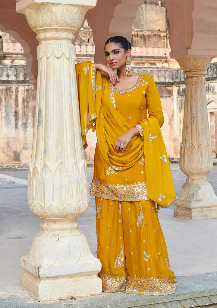 Mustard Yellow Zariwork (Gold) Chinon Readymade Salwar Suit