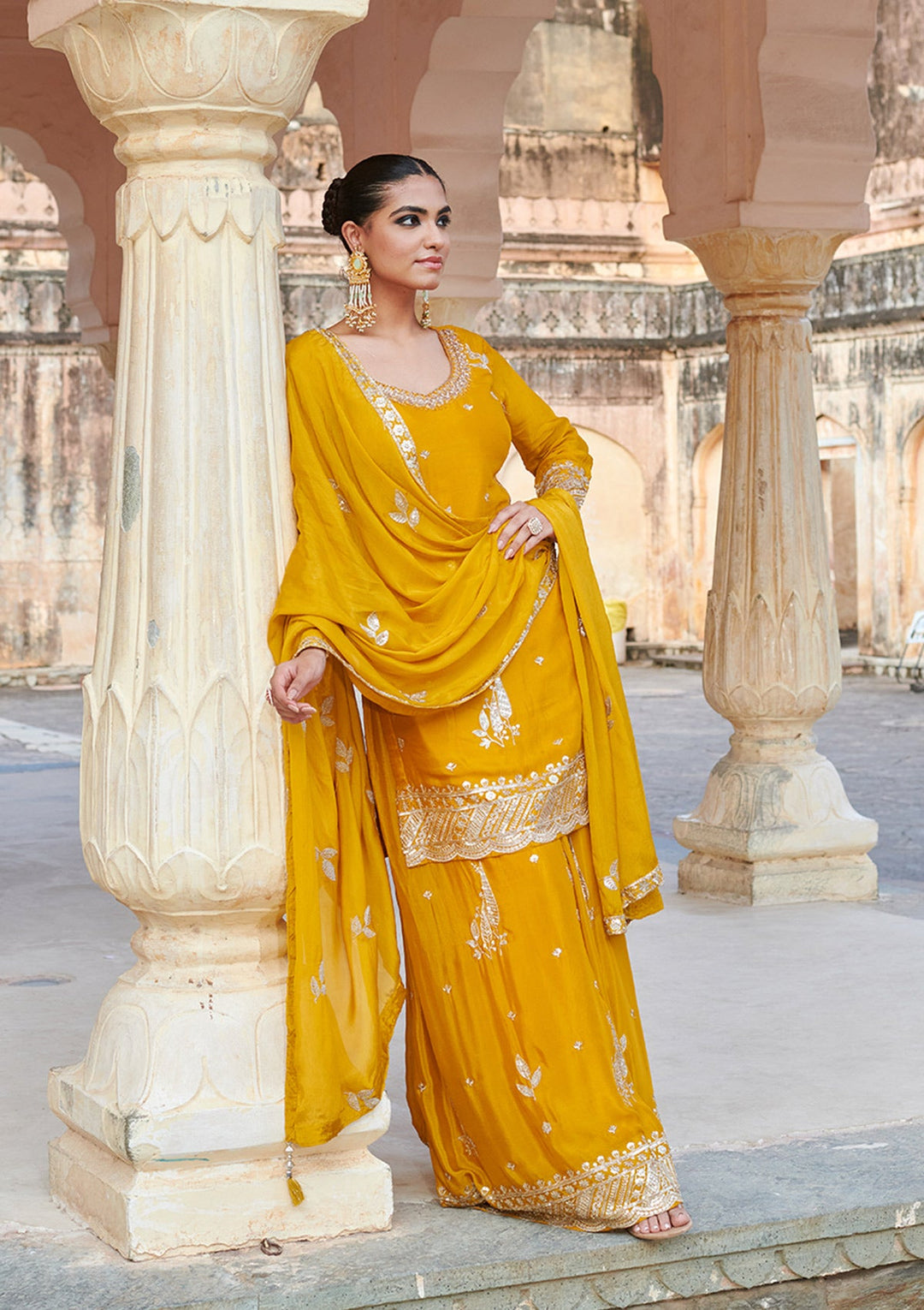 Mustard Yellow Zariwork (Gold) Chinon Readymade Salwar Suit