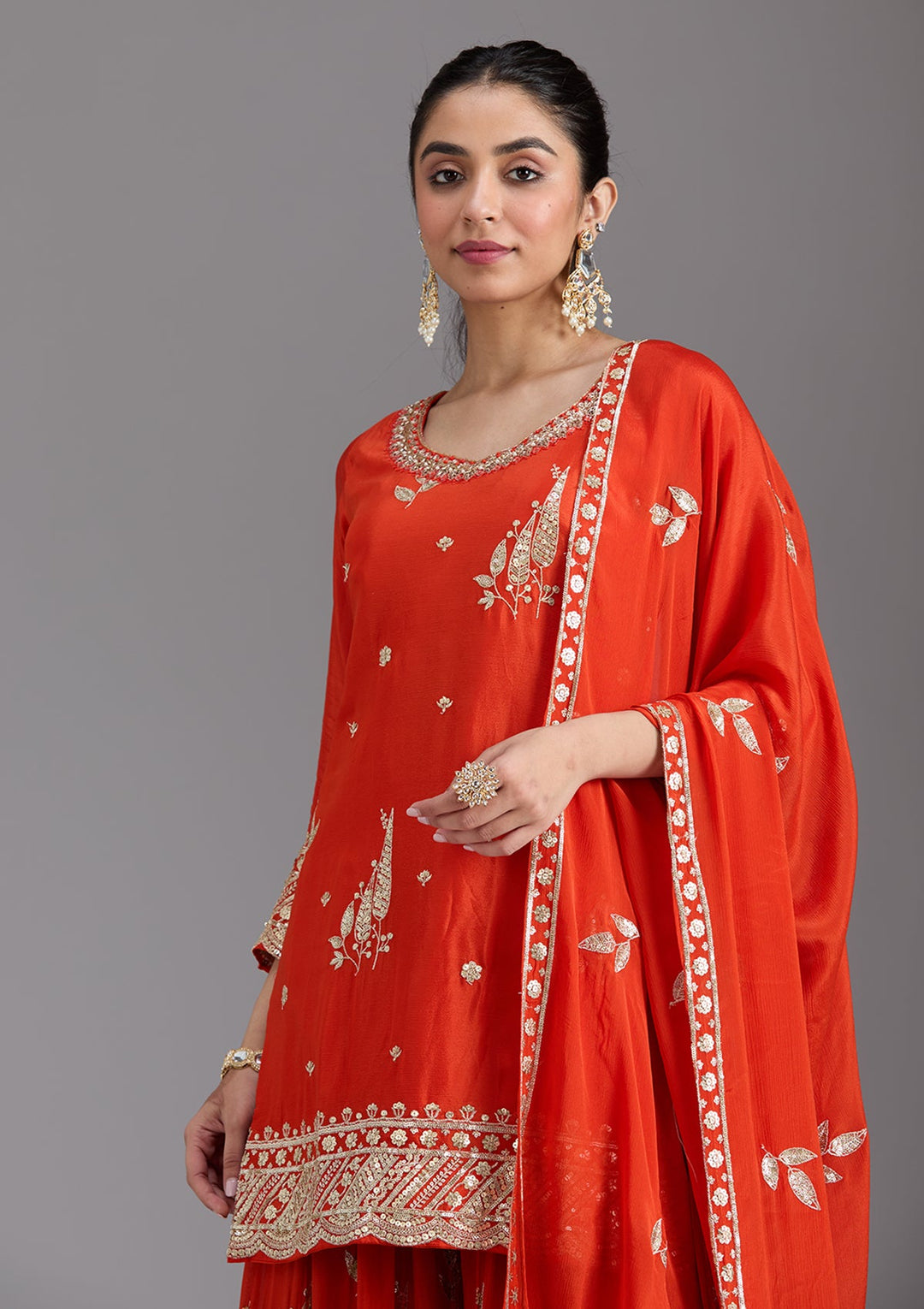 Orange Zariwork (Gold) Chinon Readymade Salwar Suit-koskii