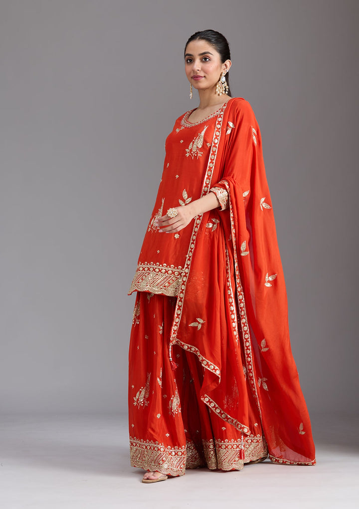 Orange Zariwork (Gold) Chinon Readymade Salwar Suit-koskii