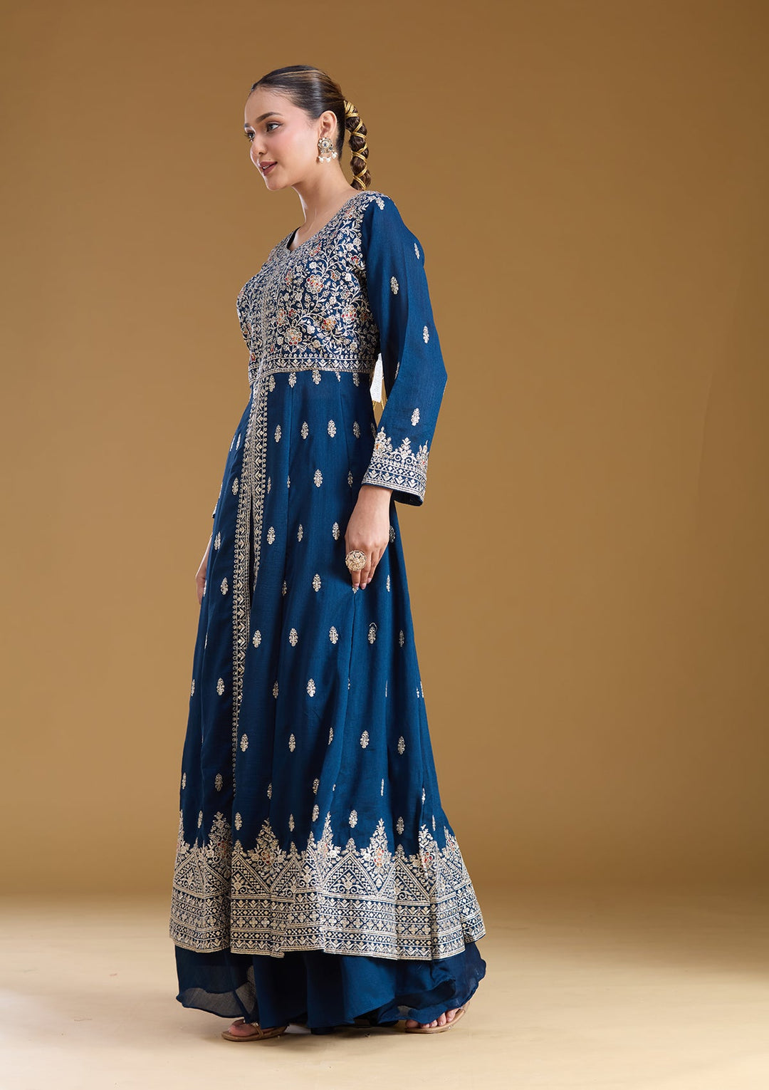 Navy Blue Stonework (Silver) Soft Raw Silk Readymade Salwar Suit