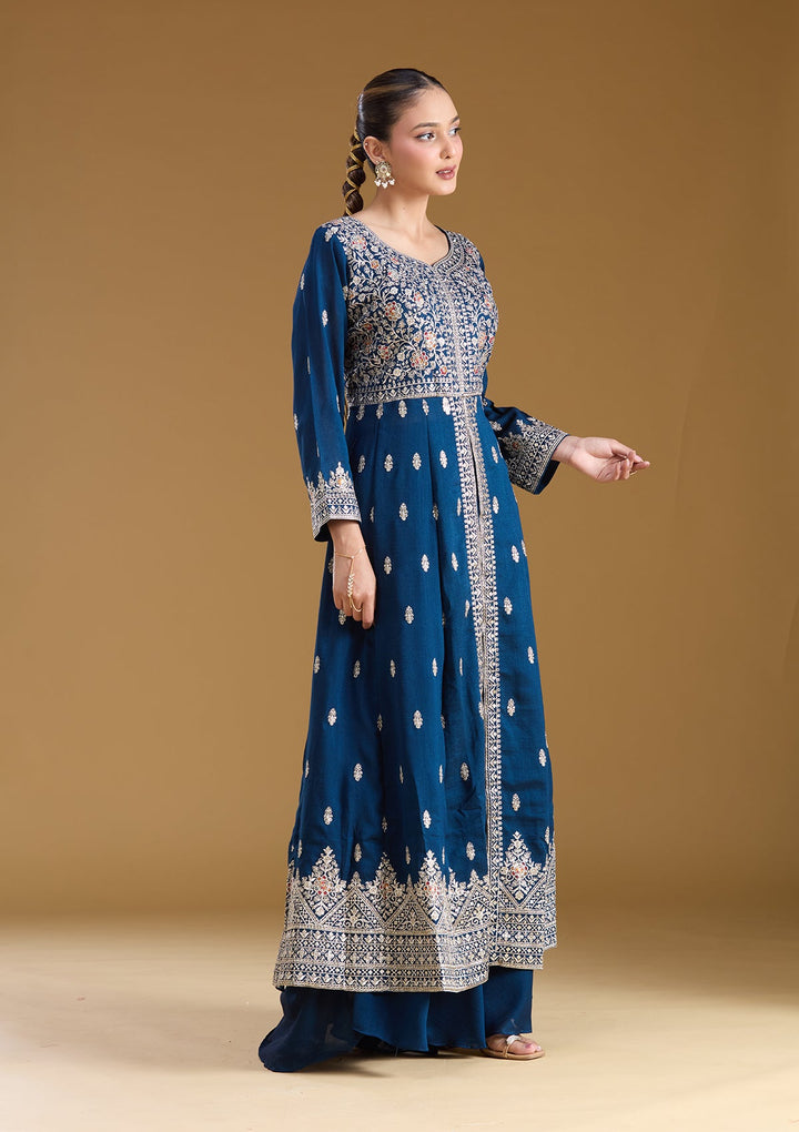 Navy Blue Stonework (Silver) Soft Raw Silk Readymade Salwar Suit