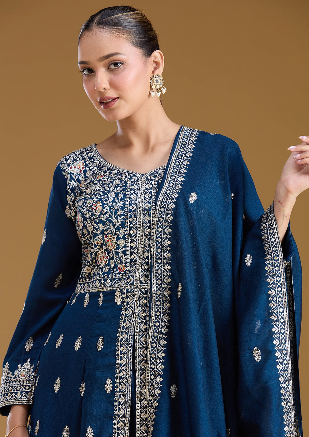Navy Blue Stonework (Silver) Soft Raw Silk Readymade Salwar Suit