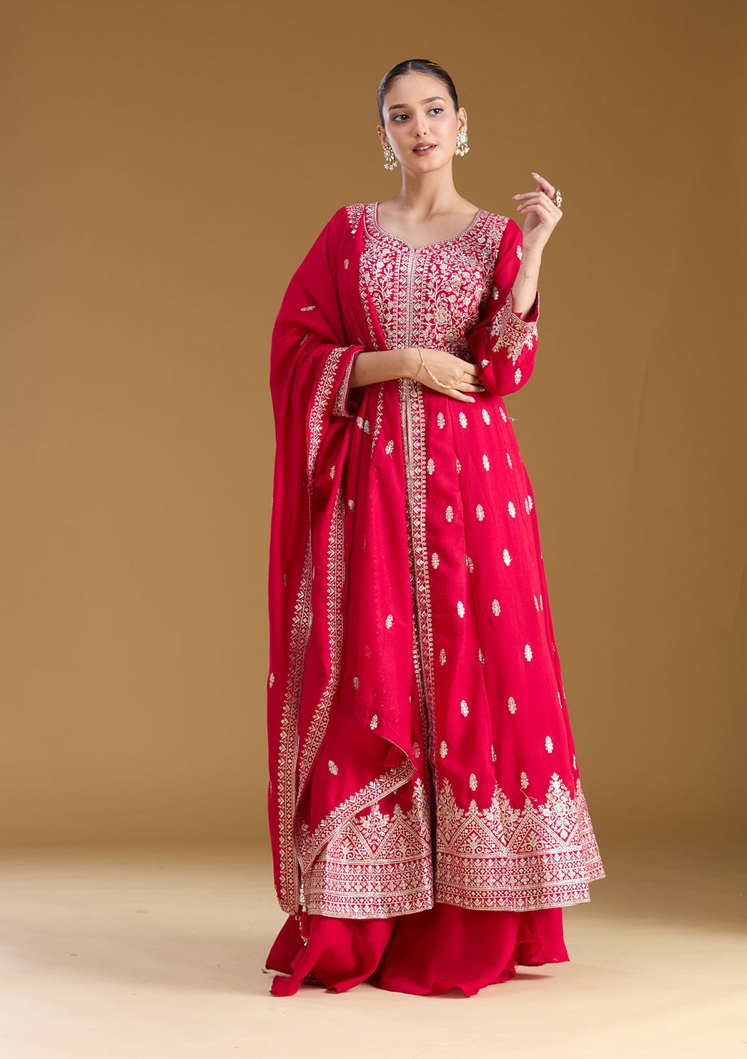 Rani Pink Stonework (Silver) Soft Raw Silk Readymade Salwar Suit