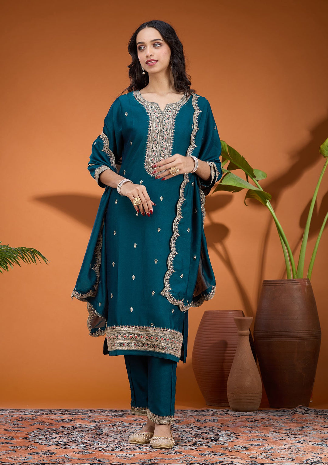 Teal Green Zariwork (Gold) Soft Raw Silk Readymade Salwar Suit