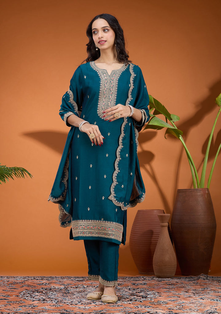 Teal Green Zariwork (Gold) Soft Raw Silk Readymade Salwar Suit
