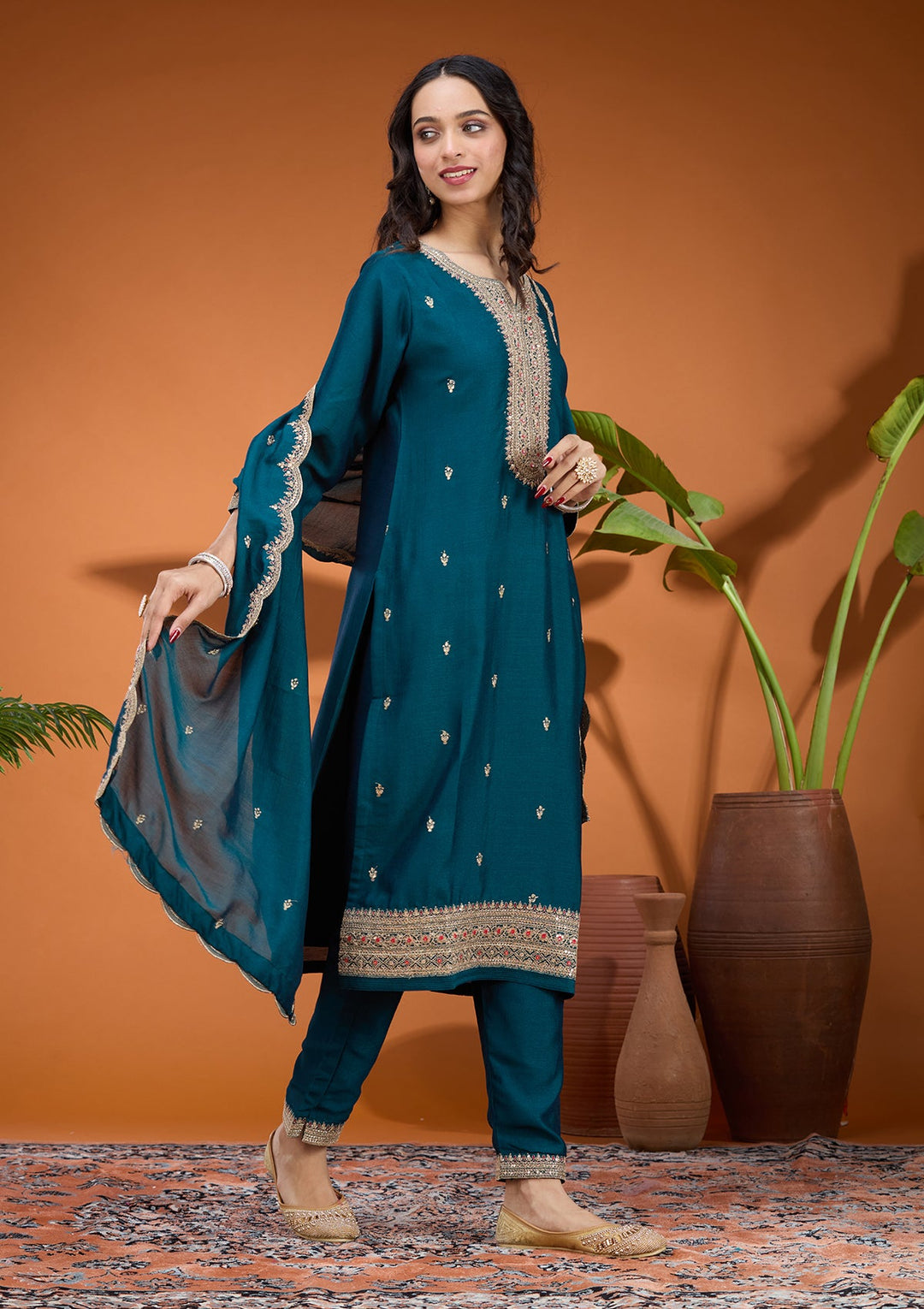Teal Green Zariwork (Gold) Soft Raw Silk Readymade Salwar Suit