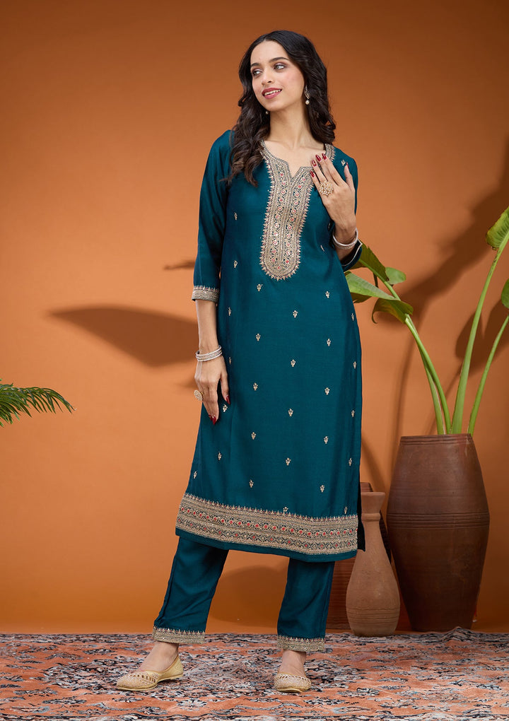 Teal Green Zariwork (Gold) Soft Raw Silk Readymade Salwar Suit