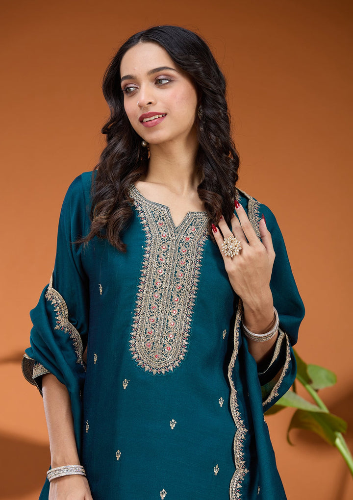 Teal Green Zariwork (Gold) Soft Raw Silk Readymade Salwar Suit