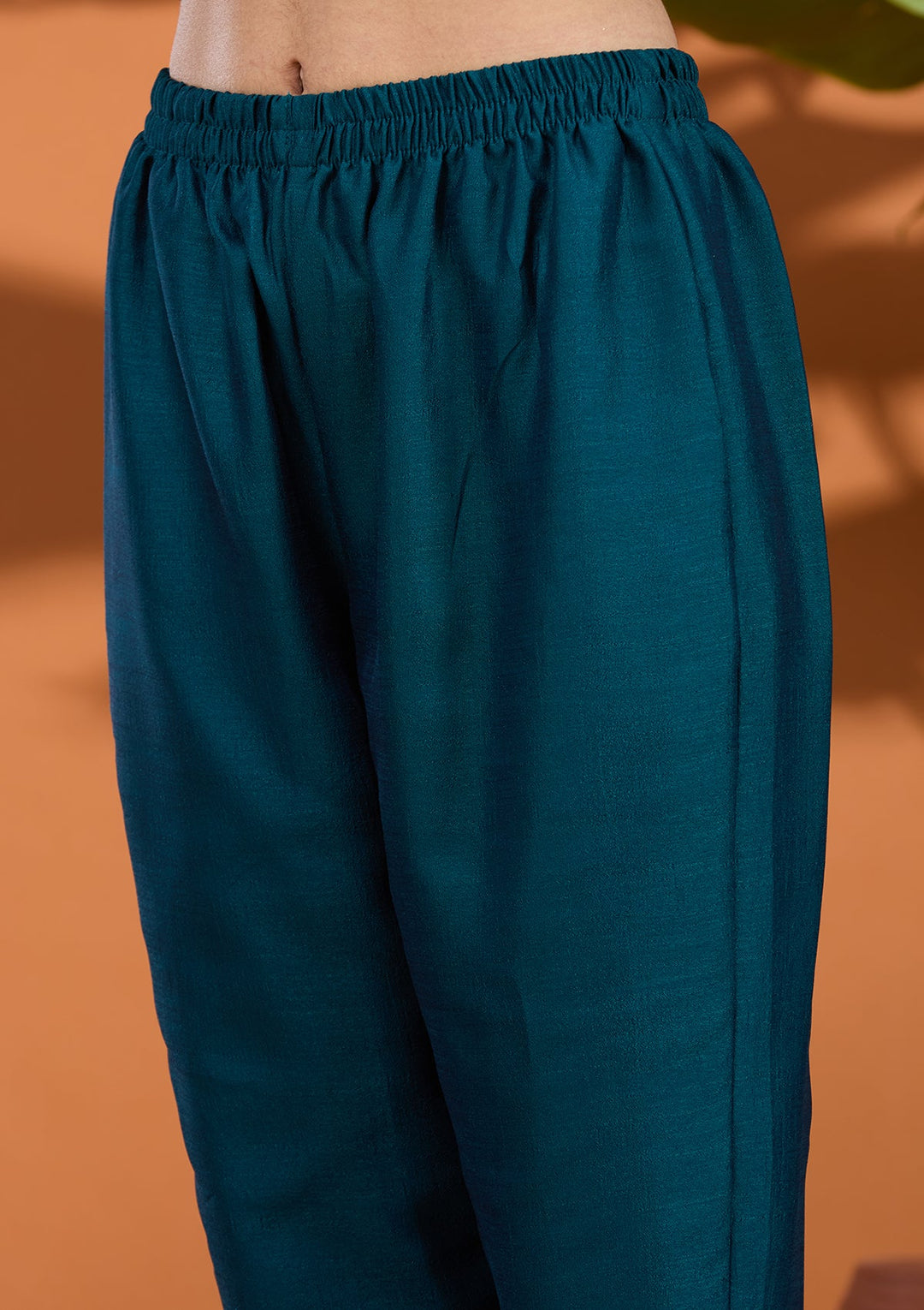 Teal Green Zariwork (Gold) Soft Raw Silk Readymade Salwar Suit