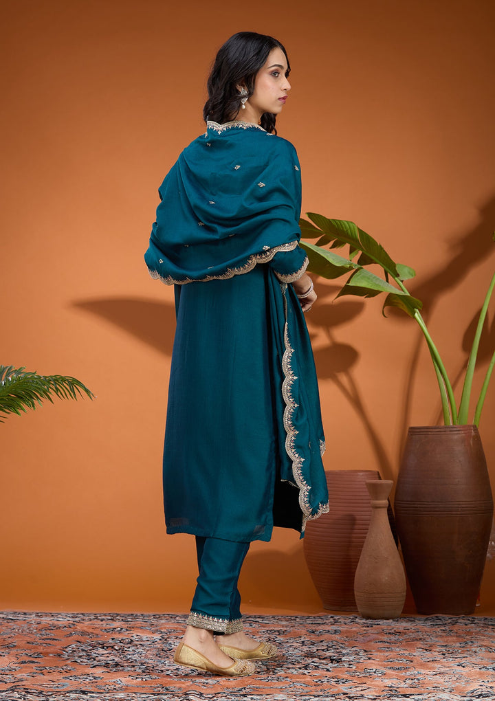 Teal Green Zariwork (Gold) Soft Raw Silk Readymade Salwar Suit